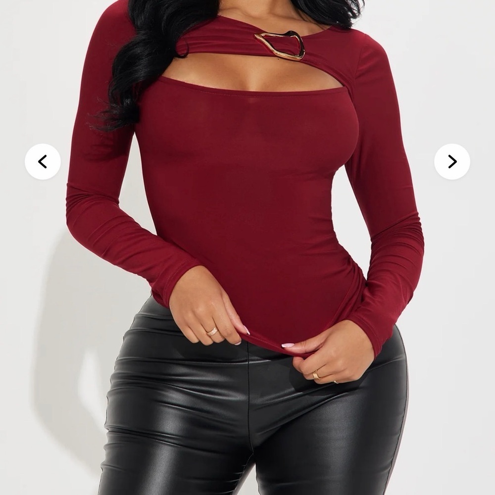 Fashion Nova Burgundy Long-Sleeve Cutout Top with Gold Buckle